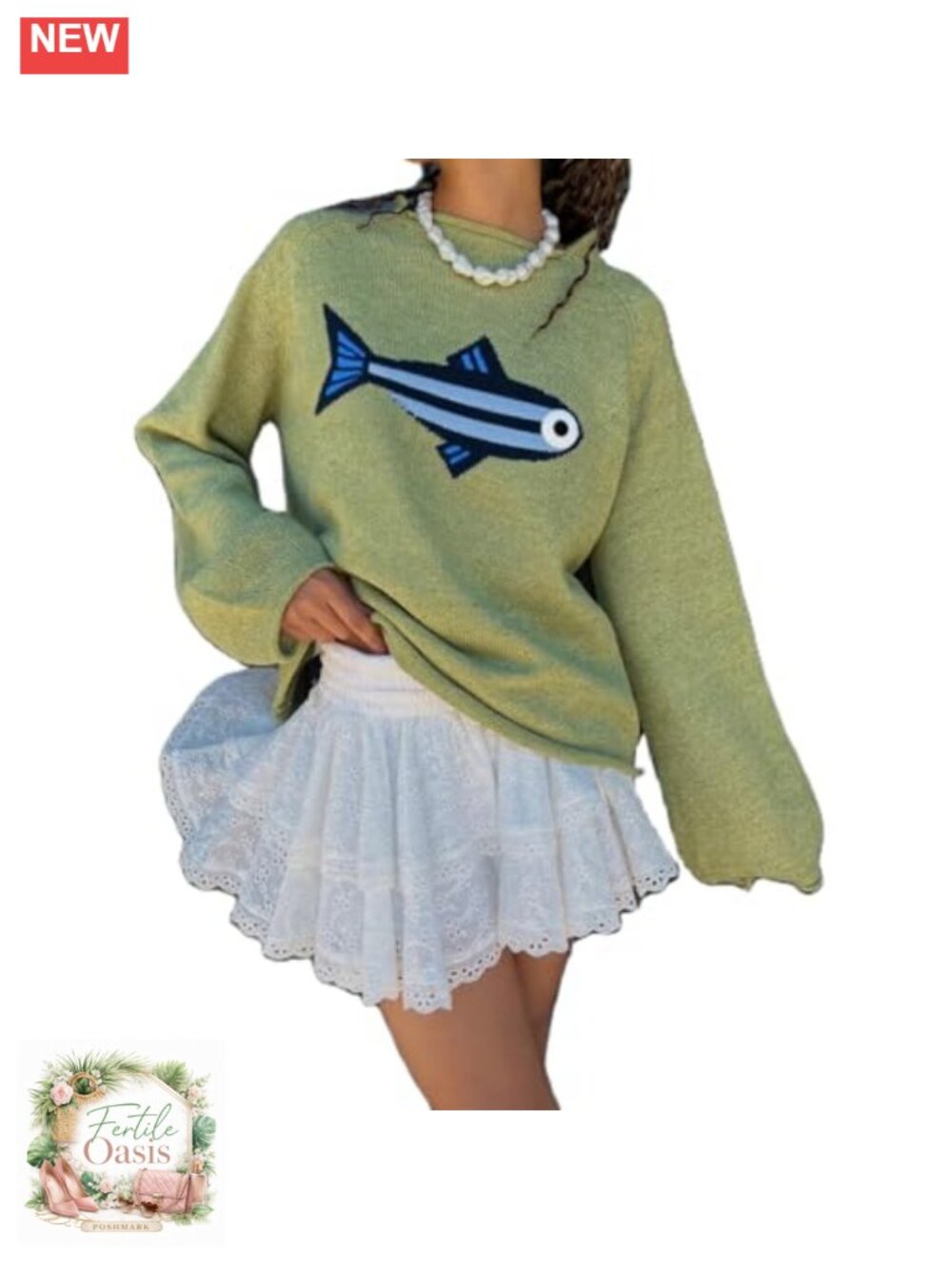 Women Rib Knit Fish Graphic Sweater Crew Neck Oversized Vintage Pullover